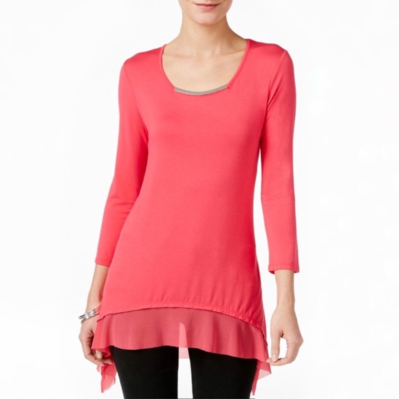Cable & Gauge Embellished Neckline 3/4 Sleeve Azalea Pink Layered Mesh Hem Tunic - Picture 7 of 9